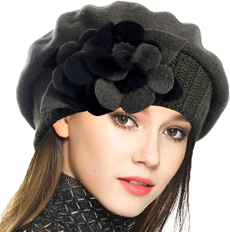 VECRY Lady French Beret 100% Wool Beret Floral Dress Beanie Winter Hat - Image 1